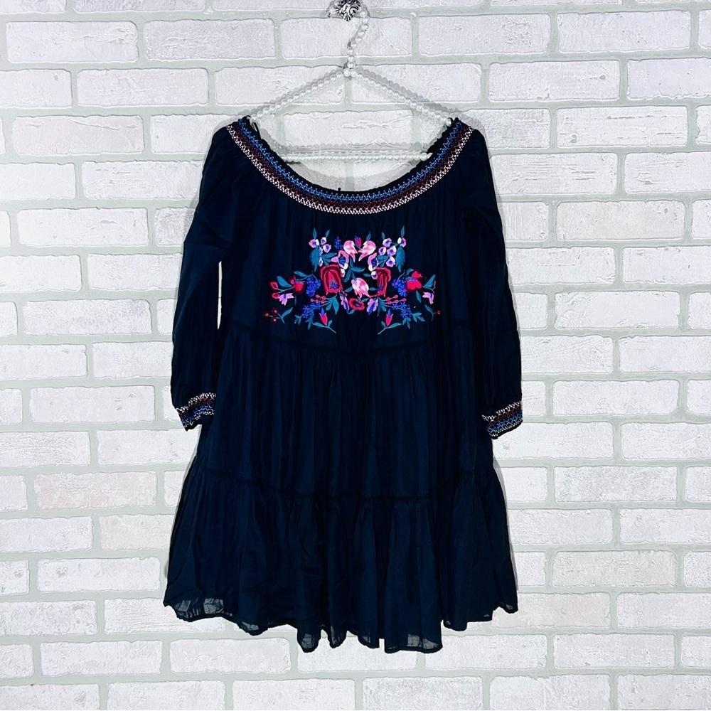 Free People Black Off-Shoulder Mini Dress with Floral Embroidery Size M - Picture 5 of 14